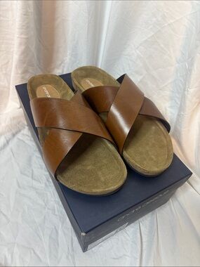 Andre Assous Brown Leather Crisscross Slide Sandals